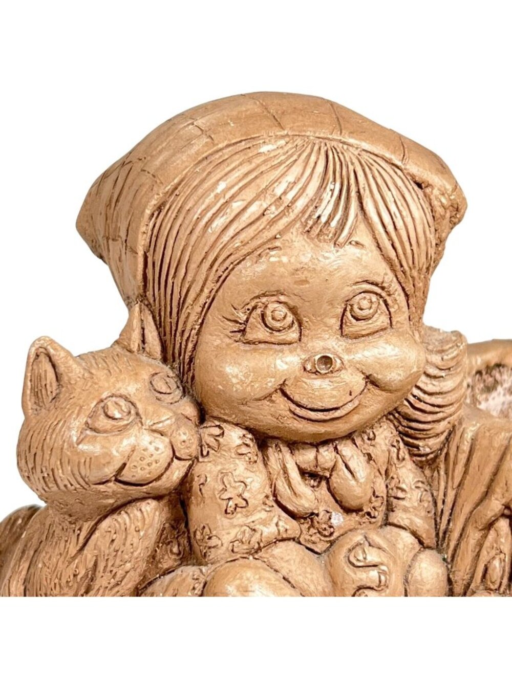Vtg Wallace Berrie Ceramic Candleholder Planter Girl Cat USA 1975 Signed Smiles